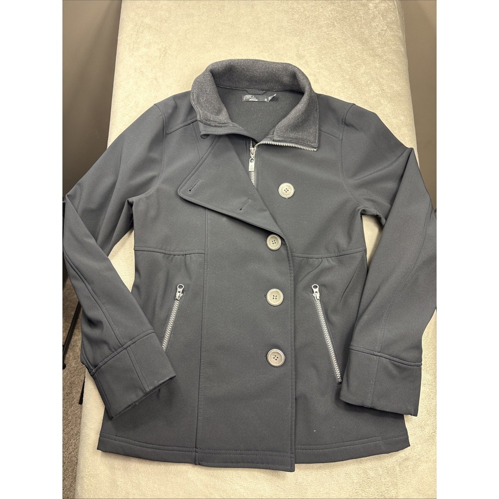 Prana Womens Medium Button Front Water Resistant Soft Shell Jacket Black EUC‎